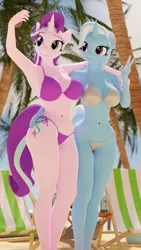 Size: 2160x3840 | Tagged: suggestive, artist:arcanetesla, derpibooru import, starlight glimmer, trixie, anthro, unicorn, art pack:equestria bikini club, 3d, belly button, bikini, bikini bottom, bikini top, breasts, busty starlight glimmer, busty trixie, clothes, duo, duo female, female, high res, horn, image, looking at something, mobile phone, outdoors, palm tree, peace sign, phone, png, selfie, smartphone, smiling, swimsuit, tree