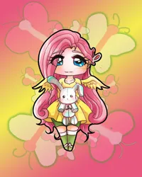 Size: 1280x1600 | Tagged: safe, artist:ghostfox1316, derpibooru import, fluttershy, butterfly, human, insect, abstract background, clothes, deviantart watermark, dress, eye clipping through hair, eyelashes, female, humanized, image, jpeg, obtrusive watermark, plushie, solo, watermark, winged humanization, wings
