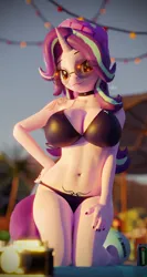 Size: 2048x3840 | Tagged: suggestive, artist:laylahorizonsfm, derpibooru import, starlight glimmer, anthro, unicorn, art pack:equestria bikini club, 3d, alcohol, beer, belly button, belly piercing, big breasts, bikini, bikini bottom, bikini top, blurry background, breasts, busty starlight glimmer, choker, clothes, drink, female, glasses, hand on hip, hat, heineken, high res, horn, image, looking at you, mobile phone, nail polish, phone, piercing, png, smartphone, smiling, smiling at you, solo, solo female, swimsuit, tattoo, womb tattoo