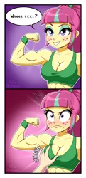 Size: 2181x4500 | Tagged: suggestive, artist:ameliacostanza, derpibooru import, sour sweet, human, equestria girls, 2 panel comic, angry, bicep, breast grab, breasts, busty sour sweet, clothes, comic, commission, female, flexing, grope, image, jpeg, misunderstanding, muscles, muscular female, offscreen character, shrunken pupils, signature, smiling, solo focus, sour rage, sour sweet is not amused, sour swole, speech bubble, sports bra, this will end in pain, unamused, wristband