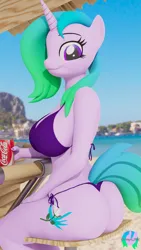 Size: 2160x3840 | Tagged: suggestive, artist:pootanger_sfm, derpibooru import, oc, oc:fiona mahri, unofficial characters only, anthro, unicorn, art pack:equestria bikini club, 3d, ass, beach, big breasts, bikini, bikini bottom, bikini top, blurry background, breasts, busty oc, butt, clothes, coca-cola, female, gradient mane, gradient tail, high res, horn, image, looking at you, outdoors, png, sitting, smiling, smiling at you, solo, solo female, swimsuit, tail, unicorn oc