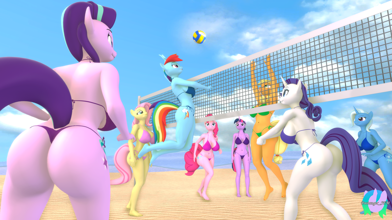 Size: 3840x2160 | Tagged: suggestive, artist:pootanger_sfm, derpibooru import, applejack, fluttershy, pinkie pie, rainbow dash, rarity, starlight glimmer, trixie, twilight sparkle, anthro, earth pony, pegasus, plantigrade anthro, unicorn, art pack:equestria bikini club, 3d, ass, ball, barefoot, beach, belly button, big breasts, bikini, breasts, busty applejack, busty fluttershy, busty mane six, busty pinkie pie, busty rainbow dash, busty rarity, busty starlight glimmer, busty trixie, busty twilight sparkle, butt, clothes, feet, female, females only, glimmer glutes, high res, horn, image, looking at something, mane six, outdoors, png, rear view, rearity, sand, sideboob, smiling, sports, swimsuit, tail, volleyball, volleyball net, wingless, wingless anthro