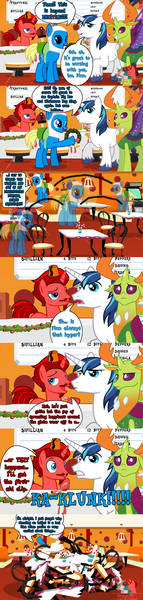 Size: 918x3843 | Tagged: safe, artist:jasperpie, derpibooru import, shining armor, thorax, oc, oc:finn the pony, oc:jasper pie, changedling, changeling, candy, candy cane, comic, food, hearth's warming decorations, hyperactive, image, irrational exuberance, pie's pizzeria, png, reality ensues, smiling, table, this ended in tears