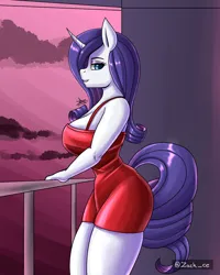 Size: 1400x1750 | Tagged: suggestive, artist:zachc, derpibooru import, rarity, anthro, unicorn, breasts, busty rarity, clothes, dress, female, image, looking at you, minidress, png, red dress, smiling, solo