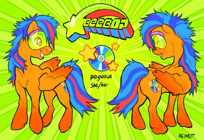 Size: 680x468 | Tagged: safe, artist:asimot2000, derpibooru import, oc, oc:beebop, pegasus, pony, blue hair, cd, female, green background, image, jpeg, mare, orange eyes, patterned background, reference sheet, signature, simple background, smiling, turnaround, visor