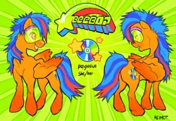 Size: 680x468 | Tagged: safe, artist:asimot2000, derpibooru import, oc, oc:beebop, pegasus, pony, blue hair, cd, female, green background, image, jpeg, mare, orange eyes, patterned background, reference sheet, signature, simple background, smiling, turnaround, visor