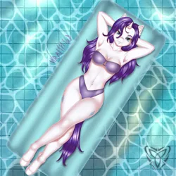 Size: 3000x3000 | Tagged: safe, artist:wraith148, derpibooru import, rarity, anthro, unguligrade anthro, unicorn, arm behind head, armpits, belly button, belly piercing, bikini, breasts, busty rarity, clothes, crossed legs, female, floating, high res, image, jpeg, looking at you, looking up, looking up at you, lying down, on back, overhead view, piercing, smiling, smiling at you, solo, sunbathing, swimming pool, swimsuit