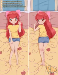 Size: 2480x3189 | Tagged: suggestive, artist:focusb, derpibooru import, apple bloom, human, ass, barefoot, bed, bloom butt, body pillow, body pillow design, butt, child, clothes, denim, denim shorts, feet, humanized, image, jpeg, looking at you, pillow, shirt, shorts, solo, t-shirt, tongue out, younger
