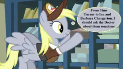 Size: 1280x720 | Tagged: safe, derpibooru import, edit, edited screencap, screencap, derpy hooves, the break up breakdown, cute, derpabetes, doctor who, hat, image, implied doctor whooves, mail, mailmare hat, mailmare uniform, package, png, post office, thought bubble