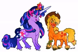 Size: 680x461 | Tagged: safe, artist:asimot2000, derpibooru import, applejack, twilight sparkle, earth pony, pony, unicorn, alternate cutie mark, alternate design, applejack's hat, big crown thingy, blaze (coat marking), bow, coat markings, colored hooves, colored pinnae, cowboy hat, element of magic, facial markings, hat, image, jewelry, jpeg, redesign, regalia, simple background, unshorn fetlocks, white background