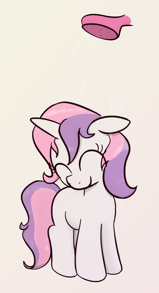 Size: 1710x3134 | Tagged: safe, artist:algoatall, ponerpics import, sweetie belle, pony, unicorn, eyes closed, female, filly, floppy ears, happy, horn, image, png, shower, simple background, solo, wet, wet mane