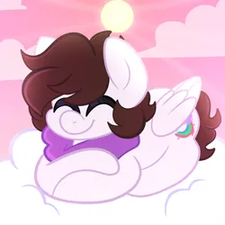Size: 2000x2000 | Tagged: safe, artist:saveraedae, derpibooru import, oc, oc:markey malarkey, unofficial characters only, pegasus, pony, bandana, cloud, crossover, cute, eyes closed, folded wings, image, lying down, lying on a cloud, male, on a cloud, pink sky, png, prone, sleeping, smiling, solo, sun, the mark side, wings