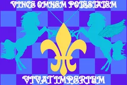 Size: 1800x1200 | Tagged: safe, pegasus, unicorn, fanfic:simplified, checkered background, fanfic art, flag, fleur-de-lis (symbol), image, latin, png, ponyland flag, sword, weapon