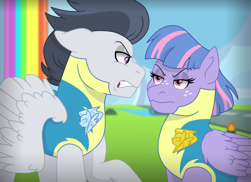 Size: 4076x2959 | Tagged: safe, artist:faitheverlasting, derpibooru import, rumble, wind sprint, pegasus, pony, angry, clothes, duo, female, image, looking at each other, looking at someone, male, mare, older, older rumble, older wind sprint, png, stallion, story included, uniform, wingpony badge, wonderbolt trainee uniform