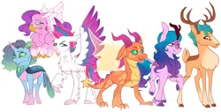 Size: 3325x1689 | Tagged: safe, artist:primrosepaper, derpibooru import, hitch trailblazer, izzy moonbow, pipp petals, sunny starscout, zipp storm, changedling, changeling, classical hippogriff, deer, dragon, hippogriff, kirin, g5, applejack (g5), artificial horn, artificial wings, augmented, buck, changedlingified, deerified, dragoness, dragonified, female, fluttershy (g5), hippogriffied, horn, image, kirinified, looking at you, magic, magic horn, magic wings, male, mane five, mane six (g5), misty brightdawn, open mouth, open smile, pinkie pie (g5), png, rainbow dash (g5), rarity (g5), simple background, smiling, smiling at you, species swap, spread wings, twilight sparkle (g5), white background, wings