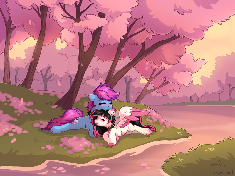 Size: 2548x1911 | Tagged: safe, artist:skysorbett, derpibooru import, oc, oc:lunylin, oc:nohra, unofficial characters only, earth pony, pegasus, pony, cherry blossoms, collar, colored belly, colored eartips, colored hooves, colored wings, cute, duo, earth pony oc, eyes closed, female, flower, flower blossom, image, lying down, mare, pegasus oc, png, smiling, tree, two toned wings, water, wings