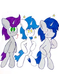 Size: 2718x3414 | Tagged: safe, artist:thunderrainbowshadow, derpibooru import, written script, oc, oc:misty hope, oc:silver bell, pony, unicorn, bipedal, eyes closed, female, image, male, mare, png, simple background, stallion, traditional art, trio, white background