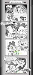 Size: 1024x2329 | Tagged: safe, artist:loreto-arts, derpibooru import, pinkie pie, queen chrysalis, rarity, spike, twilight sparkle, alicorn, dragon, earth pony, pony, comic:friendship is innuendo, comic:friendship is innuendo vol. 2, broken horn, comic, disguise, disguised changeling, female, horn, image, jpeg, magic, male, mare, monochrome, no pupils, telekinesis, wide eyes