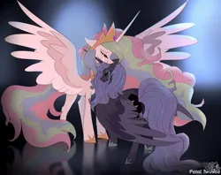 Size: 2048x1620 | Tagged: safe, artist:petaltwinkle, derpibooru import, princess celestia, princess luna, alicorn, earth pony, pony, crying, duo, eyes closed, female, image, jpeg, mare, royal sisters, s1 luna, siblings, signature, sisters, smiling, spread wings, tears of joy, wings