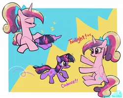 Size: 2048x1620 | Tagged: safe, artist:petaltwinkle, derpibooru import, princess cadance, twilight sparkle, alicorn, pony, unicorn, border, cute, cutedance, dialogue, duo, eyes closed, female, filly, filly twilight sparkle, foalsitter, hug, image, jpeg, lying down, onomatopoeia, prone, signature, sleeping, sound effects, teen princess cadance, twiabetes, unicorn twilight, wing blanket, winghug, wings, younger, zzz