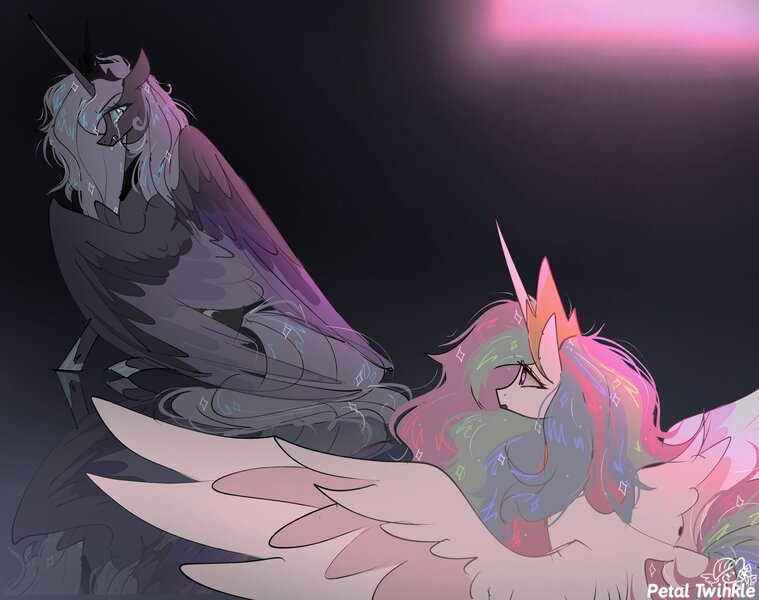 Size: 2048x1620 | Tagged: safe, artist:petaltwinkle, derpibooru import, princess celestia, princess luna, alicorn, pony, crying, duo, fangs, female, image, implied nightmare moon, implied transformation, jpeg, looking back, mare, royal sisters, s1 luna, siblings, signature, sisters, sitting, spread wings, wings