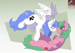 Size: 1100x778 | Tagged: safe, artist:arctic-fox, derpibooru import, oc, oc:pine berry, oc:snow pup, unofficial characters only, earth pony, pegasus, pony, blushing, ear fluff, image, jpeg, nose to nose