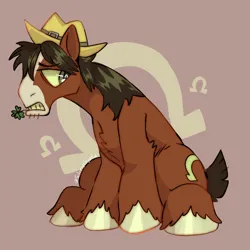 Size: 1792x1792 | Tagged: safe, artist:silverycryptid, derpibooru import, trouble shoes, earth pony, pony, annoyed, beard, black mane, brown background, brown coat, chest fluff, clover, cutie mark, facial hair, facial markings, four leaf clover, green eyes, gritted teeth, hat, hoof fluff, horseshoes, image, looking down, looking sideways, male, messy mane, png, profile, sad eyes, short tail, simple background, sitting, solo, stallion, stubble, tail, teeth, unshorn fetlocks