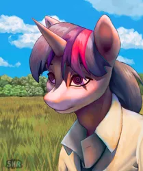 Size: 2355x2820 | Tagged: safe, artist:suhar, derpibooru import, twilight sparkle, anthro, unicorn, clothes, cloud, female, field, grass, grass field, horn, image, nature, png, sky, solo, tree, unicorn twilight