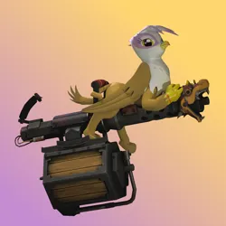 Size: 2000x2000 | Tagged: safe, artist:xafilah, derpibooru import, gilda, gryphon, 3d, abstract background, image, minigun, pinup, png, solo, team fortress 2