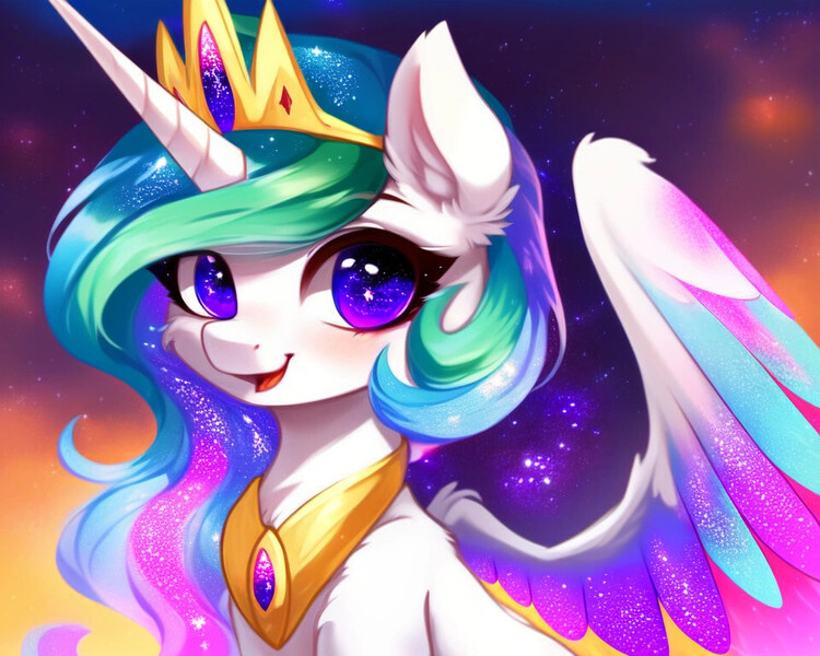 Size: 960x768 | Tagged: safe, derpibooru import, editor:nightluna, machine learning generated, stable diffusion, princess celestia, alicorn, pony, ai content, colored wings, crown, cute, ear fluff, female, generator:purplesmart.ai, image, jewelry, jpeg, mare, open mouth, open smile, prompter:nightluna, regalia, smiling, solo, spread wings, wings