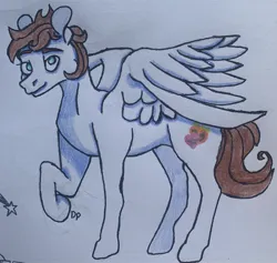 Size: 3024x2863 | Tagged: safe, artist:rottenjaws, derpibooru import, oc, oc:markey malarkey, unofficial characters only, pegasus, pony, crossover, image, jpeg, raised hoof, solo, the mark side, traditional art, wings, wrong cutie mark