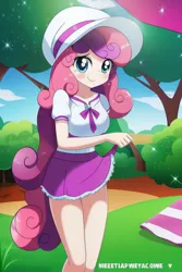 Size: 1024x1536 | Tagged: safe, artist:yaroslavkirichok, derpibooru import, machine learning generated, sweetie belle, equestria girls, ai content, blushing, cap, clothes, dress, g4, generator:seaart.ai, hat, image, picnic, png, sibling, sky, smiling, solo, text, tree, wood