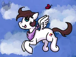 Size: 1600x1200 | Tagged: safe, artist:sparrow_chime, derpibooru import, oc, unofficial characters only, butterfly, insect, pegasus, pony, bandana, crossover, flying, image, png, sky, smiling, solo, the mark side, wrong cutie mark