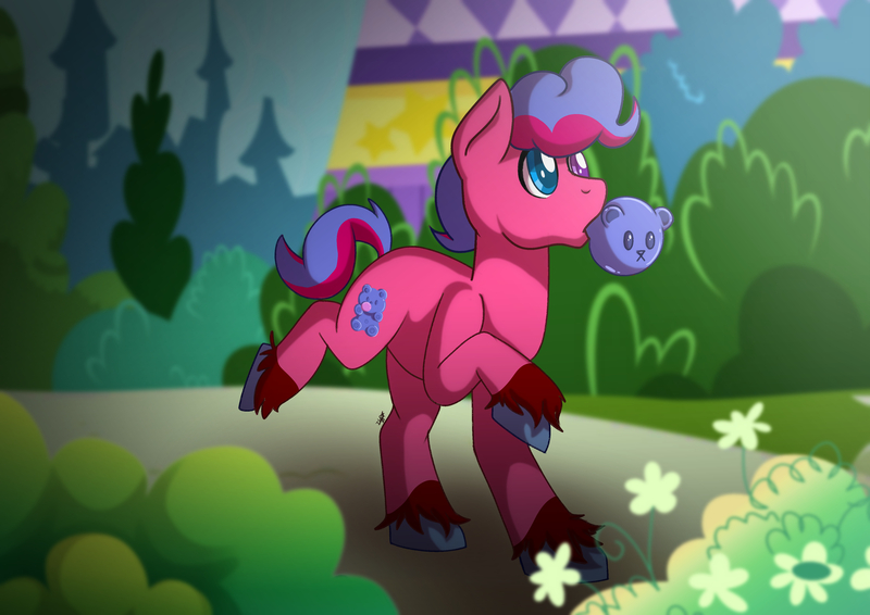 Size: 4093x2894 | Tagged: safe, artist:sugar lollipop, derpibooru import, oc, unofficial characters only, earth pony, pony, bubble, bubblegum, colored, cute, digital art, food, full body, gum, hooves, image, jpeg, male, mismatched eyes, scenery, shading, solo, solo male, walking, wall eyed