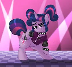 Size: 1600x1489 | Tagged: safe, artist:aleximusprime, derpibooru import, twilight sparkle, alicorn, pony, adorasexy, bipedal, bracelet, checkered floor, choker, cute, eyebrows, female, gameloft interpretation, hoof on hip, image, looking at you, mare, pigtails, png, raised eyebrow, rockstar sparkle, sassy, sexy, smiling, solo, spiked wristband, spotlight, twiabetes, twintails, wristband