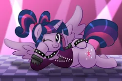 Size: 1600x1062 | Tagged: safe, artist:aleximusprime, derpibooru import, twilight sparkle, alicorn, pony, bracelet, checkered floor, choker, cute, draw me like one of your french girls, female, gameloft interpretation, image, looking at you, lying down, mare, one eye closed, pigtails, png, rockstar sparkle, smiling, solo, spiked wristband, spotlight, spread wings, twiabetes, twintails, wings, wink, winking at you, wristband