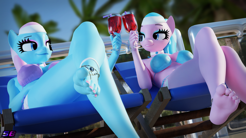 Size: 3840x2160 | Tagged: suggestive, artist:shadowboltsfm, derpibooru import, aloe, lotus blossom, anthro, plantigrade anthro, art pack:equestria bikini club, 3d, 4k, barefoot sandals, beach chair, bikini, blender, breasts, chair, clothes, crossed legs, eyeshadow, feet, female, high res, image, makeup, not sfm, palm tree, png, sexy, sitting, smiling, spa twins, swimsuit, toes, tree