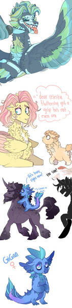 Size: 435x1837 | Tagged: safe, artist:dingobreath, fluttershy, oc, oc:gigan, oc:johnny gold, oc:poetic justice, oc:risky gambit, dragon, earth pony, pegasus, pony, unicorn, apron, baby, baby pony, chest fluff, clothes, colored wings, dragon oc, dragoness, facial hair, female, image, journalist, jpeg, leg fluff, leonine tail, levitation, magic, magic aura, magical lesbian spawn, male, mare, microphone, multicolored wings, neck feathers, next generation, offspring, parent:applejack, parent:derpy hooves, parent:fluttershy, parent:rainbow dash, parent:tempest shadow, parent:twilight sparkle, parents:appleshy, parents:derpydash, parents:tempestlight, piercing, sharp teeth, simple background, speech, stallion, talking, teeth, telekinesis, thought bubble, tongue out, trotting, white background, wing hold, wings