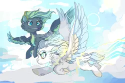 Size: 1095x730 | Tagged: safe, artist:dingobreath, oc, oc:lucky star, oc:risky gambit, unofficial characters only, pegasus, pony, brother and sister, child, coat markings, colored wings, colt, female, filly, flying, foal, image, jpeg, lightning, magical lesbian spawn, male, multicolored wings, next generation, offspring, parent:derpy hooves, parent:rainbow dash, parents:derpydash, siblings, sky background, wings