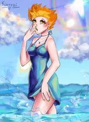 Size: 4050x5500 | Tagged: safe, artist:kirrrai, derpibooru import, spitfire, human, beach, choker, clothes, cloud, commission, dress, ear piercing, earring, female, humanized, image, jewelry, nail polish, necklace, ocean, open mouth, piercing, png, solo, summer, sundress, water, wet, ych result