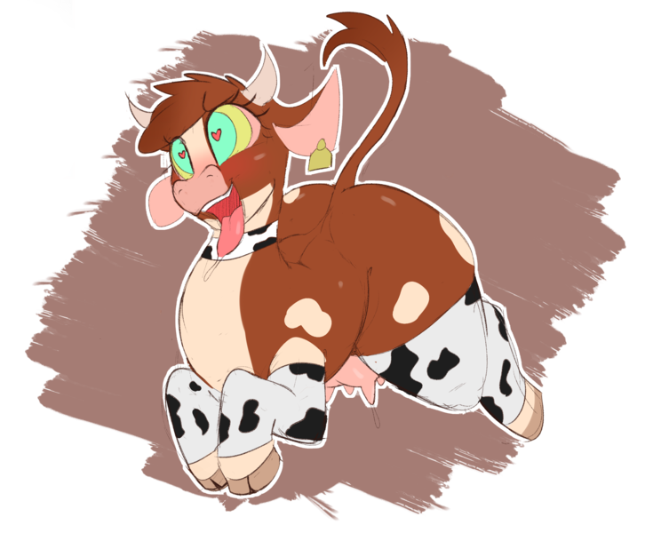 Size: 3428x2800 | Tagged: questionable, artist:welost, derpibooru import, cow, them's fightin' herds, ahegao, arizona (tfh), community related, cowprint, drool, horns, hypnosis, image, open mouth, png, raised tail, simple background, solo, story included, tail, tongue out, transparent background, udder