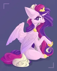 Size: 1280x1609 | Tagged: safe, artist:justeuge, derpibooru import, princess cadance, alicorn, pony, crown, curved horn, digital art, feather, female, g4, hoof shoes, horn, image, jewelry, jpeg, looking at you, mare, multicolored mane, multicolored tail, peytral, purple background, purple eyes, raised hoof, regalia, simple background, sitting, solo, tail, teeth, wings
