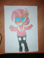 Size: 3120x4160 | Tagged: safe, artist:epicheavytf2, derpibooru import, babs seed, alternate clothes, alternate universe, brown fur, buttons, clothes, doctor eggman, glasses, image, jpeg, looking at you, pants, red mane, red shirt, scarf, shirt, signature, simple background, smiling, smiling at you, sonic the hedgehog (series), traditional art