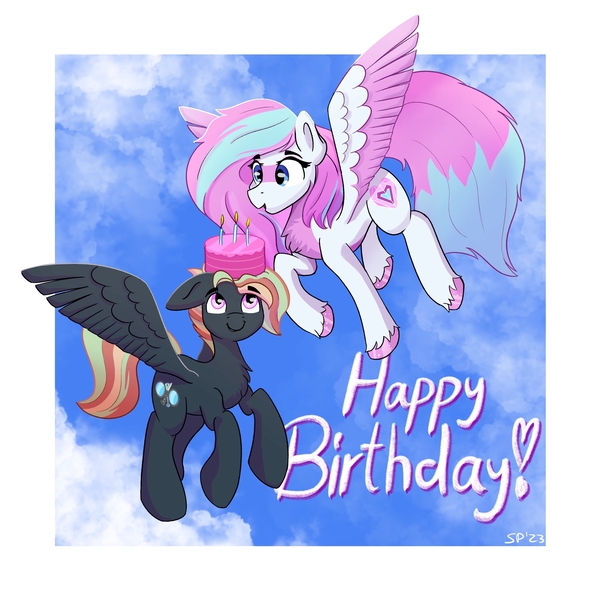 Size: 2732x2732 | Tagged: safe, artist:single purpose, derpibooru import, oc, oc:dyn, oc:treading step, pegasus, pony, birthday, birthday cake, cake, chest fluff, colored wings, cute, flying, food, image, jpeg, multicolored hair, multicolored mane, multicolored tail, multicolored wings, pegasus oc, tail, unshorn fetlocks, wings