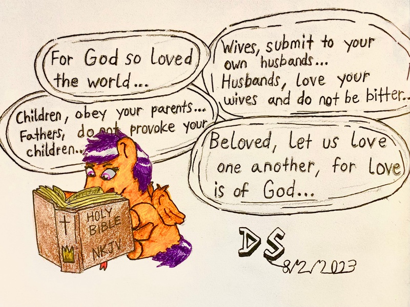 Size: 3701x2774 | Tagged: safe, derpibooru import, scootaloo, pony, bible, christianity, colored, female, filly, image, jpeg, sitting, solo
