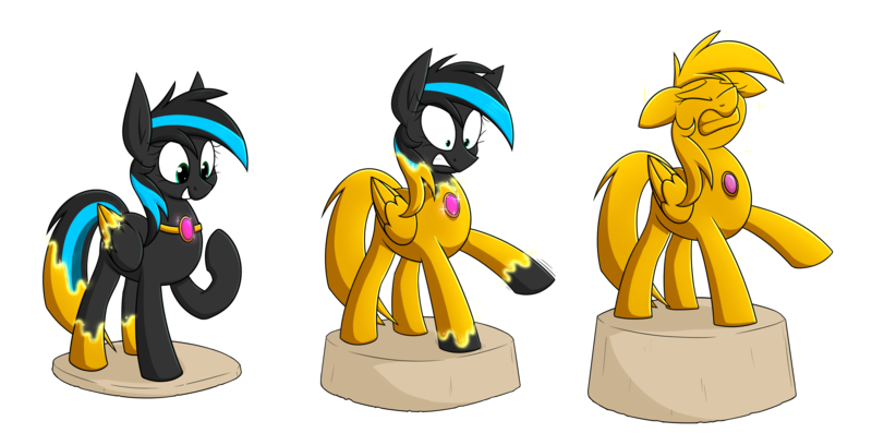 Size: 3692x1884 | Tagged: safe, artist:moonatik, derpibooru import, oc, oc:nightlight aura, unofficial characters only, pegasus, pony, eyes closed, female, gem, gold, grin, gritted teeth, image, inanimate tf, mare, pedestal, pegasus oc, petrification, png, simple background, smiling, solo, teeth, transformation, transformation sequence, transparent background, wings