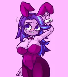 Size: 1350x1543 | Tagged: suggestive, artist:kyouman1010, derpibooru import, starlight glimmer, equestria girls, big breasts, blushing, bodice, bowtie, breasts, bunny ears, bunny suit, cleavage, clothes, cuffs (clothes), female, grin, image, jpeg, nervous sweat, pantyhose, playboy bunny starlight glimmer, skintight, skintight clothes, smiling, solo, solo female, tight clothing