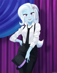 Size: 825x1050 | Tagged: safe, artist:riouku, derpibooru import, trixie, equestria girls, bedroom eyes, blushing, breasts, clothes, commission, cute, diatrixes, female, hat, image, jpeg, necktie, open mouth, pants, shirt, solo, suspenders, top hat