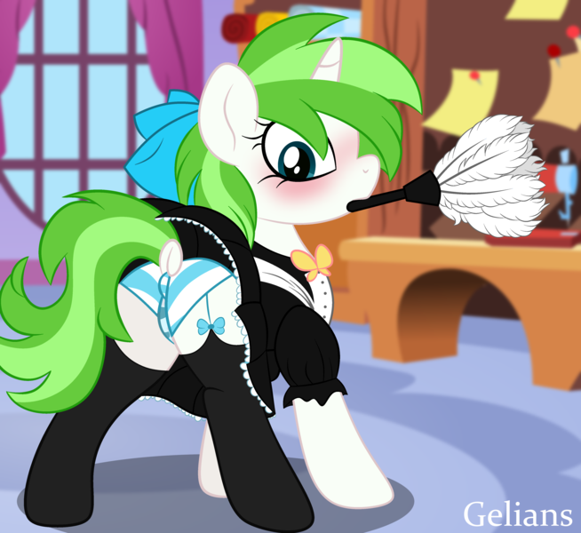 Size: 4131x3789 | Tagged: questionable, artist:gelians, derpibooru import, oc, oc:minty root, pony, unicorn, black socks, blushing, bow, clothes, duster, female, hair bow, image, maid, mare, panties, png, presenting, raised tail, socks, solo, stockings, striped underwear, tail, thigh highs, underwear, vaginal secretion stain, vaginal secretions, wet panties