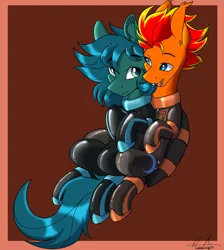 Size: 3222x3600 | Tagged: safe, artist:aurorafang, derpibooru import, oc, oc:fireheart(fire), oc:poison trail, bat pony, earth pony, bat pony oc, bat wings, cuddling, earth pony oc, fireheart76's latex suit design, image, latex, latex suit, png, prisoners of the moon, rubber, rubber suit, wings